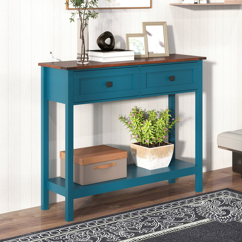 Farmhouse Style Console Table with 2 Drawer and Bottom Storage Shelf for Entryway, Rustic Side Table with Storage Drawer and Shelf for Living room, Hallway(Pagoda Blue)
