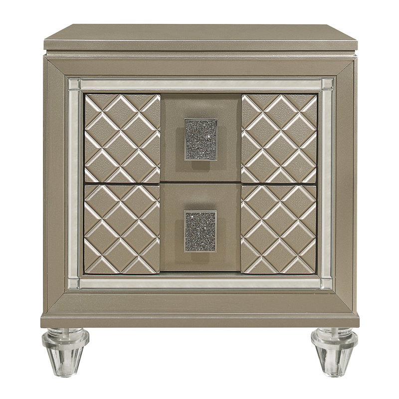 Glamour Champagne Finition 1Pc Table de chevet de 2 tiroirs Pieds en acrylique Table de chevet Mobilier de chambre à coucher de luxe Bordure de miroir biseauté