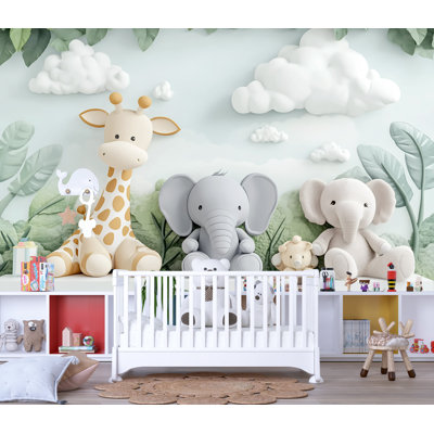 Papier peint girafe et éléphants dans la jungle - Papier peint pastel safari avec feuilles et nuages
