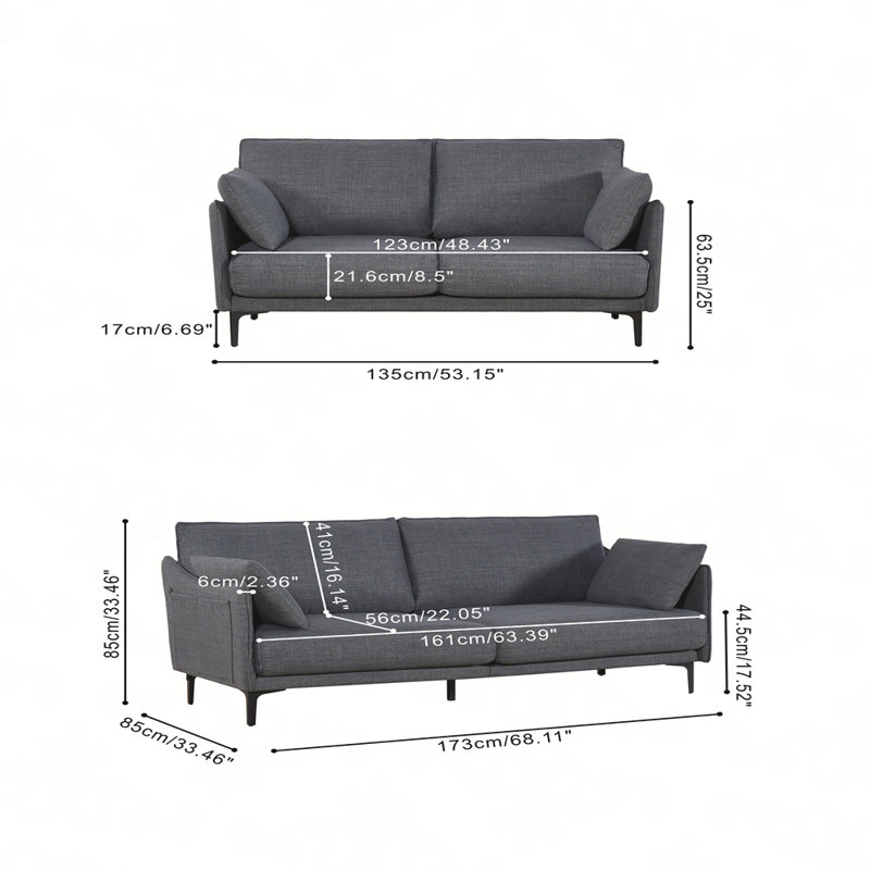 Canapé 2 places pour espace de vie principal, chambre à coucher, bureau, 2 coussins, pieds en métal, Gris