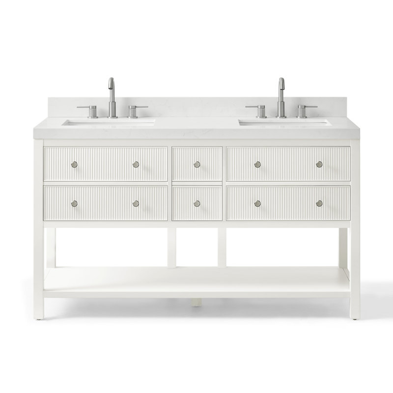 Ensemble de meuble-lavabo à double cuve en bois massif avec comptoir Thassos blanc 2 po Capri, Blanc classique, 72"