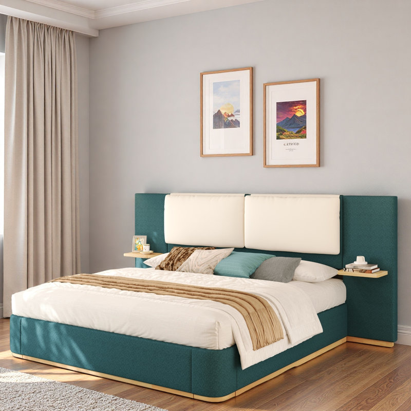 Lit plateforme tapissier avec tablettes, Vert / Beige, Très grand lit