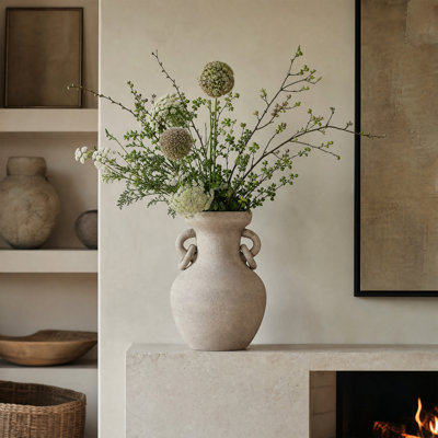 12.6" Terracotta Vase with Double Ring Handles, Matt Beige Table Vase