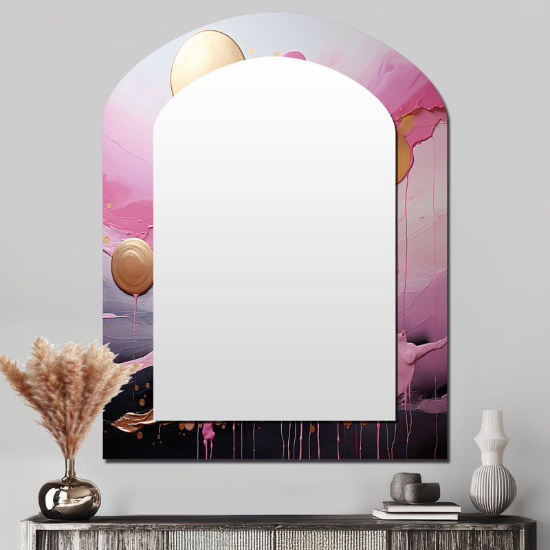 Or et rose, liquide moderne, formes I - miroir décoratif en forme d'arche, miroir mural asymétrique doré, impression d'art en métal