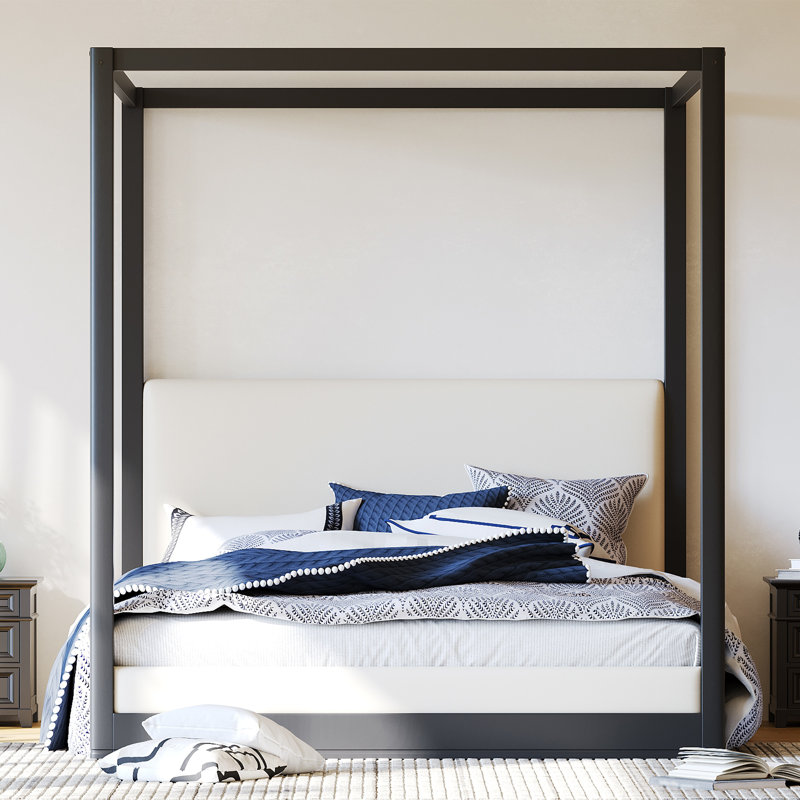Lit plateforme à baldaquin avec tête de lit tapissier, Black, Queen