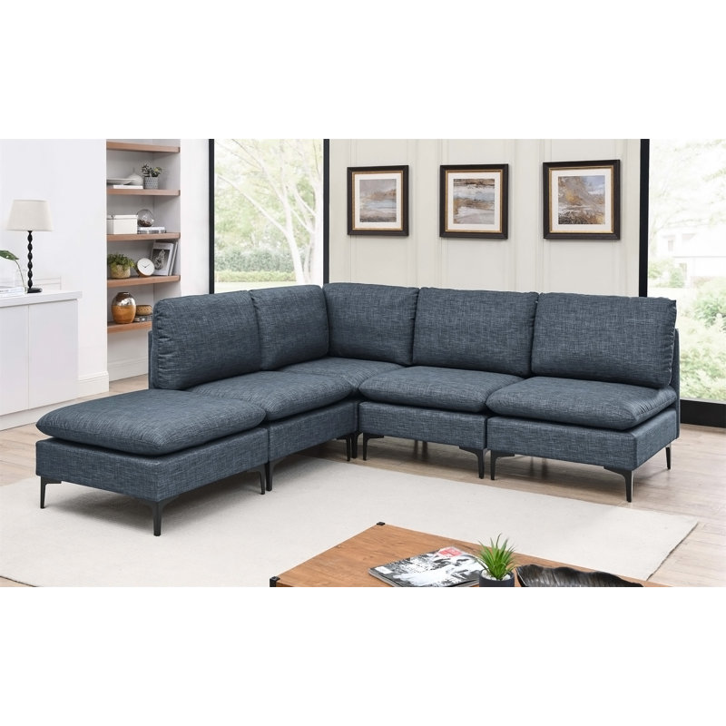 Canapé modulaire en lin rembourré avec pieds en métal, Lin bleu foncé, H 35 po x l 91 po x P 91 po, Orienté vers la gauche