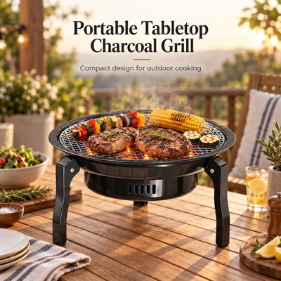 Barbecue au charbon de table pliable et portable avec grille de cuisson en acier inoxydable, noir