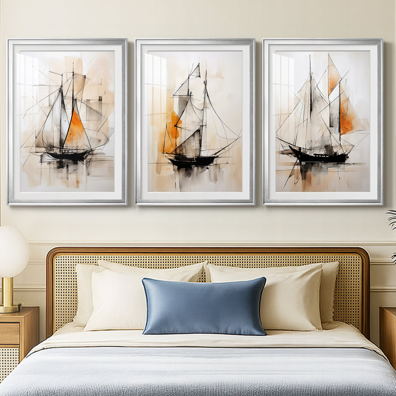 NAUTICAL Series CECXCI - Impression sur mesure encadrée de qualité supérieure - 3 pièces, Argent argent, H 15 po x l 19 po