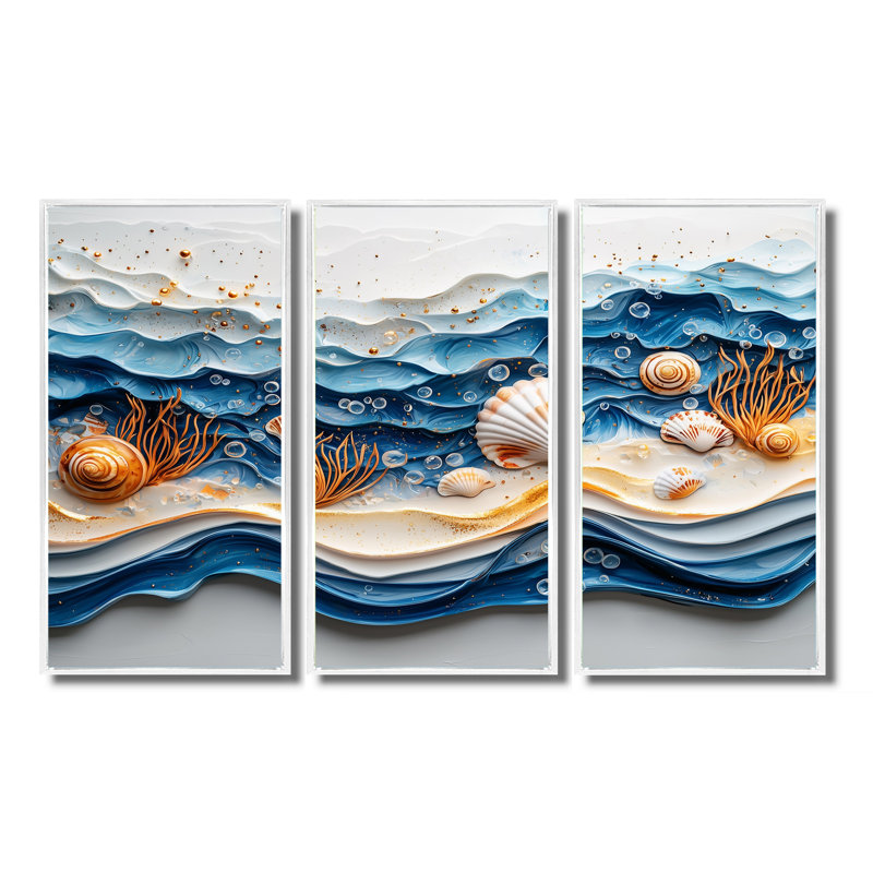Abstrait coquillage et plage vue aérienne IV - art mural toile côtière - ensemble de 3, H 32 po x l 48 po, Blanc