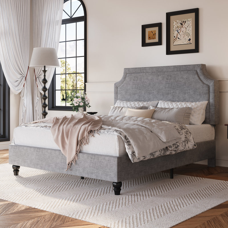 Modern Chenille Upholstered Bed With Adjustable Headboard & Solid Wood Legs, Gray, Queen