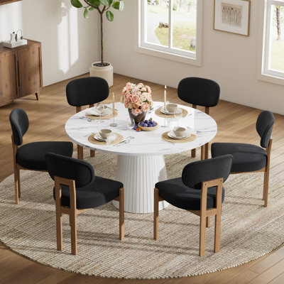 47 Inch Retro Round Dining Table Set For 4-6, MDF Top Kitchen Table With Solid Wood Chenille Fabric Chairs, Vintage Dining Set For Dining Room, Kitchen, Small Space, Apartment