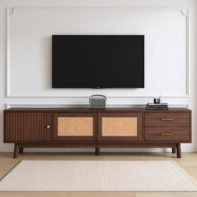 Mid-Century TV Stand For 80 Inch Tvs  Entertainment Center With Sliding Doors & Storage Drawers