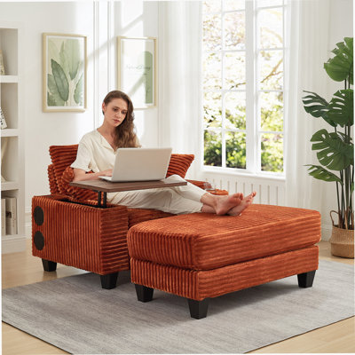Corduroy Storage Armrest Sofa,Single Versatile Seat With Ottoman,Cup Holder,Bluetooth Speaker,USB Ports,180°Rotating Table Board,For Living Room,Bedroom And Apartment