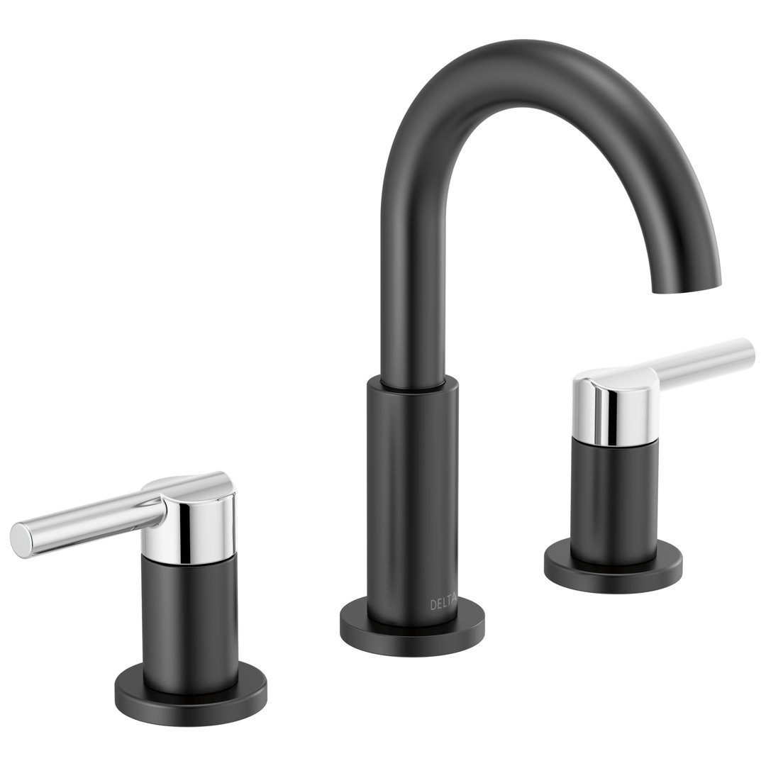 Nicoli Widespread Bathroom Faucet 3 Hole, 2-handle Bathroom Sink Faucet with Drain Assembly Delta Finish: Black/Chrome