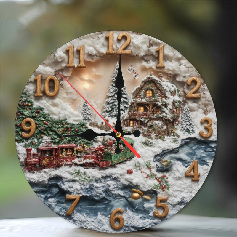 Noël-Horloge-Visage-Village-Train