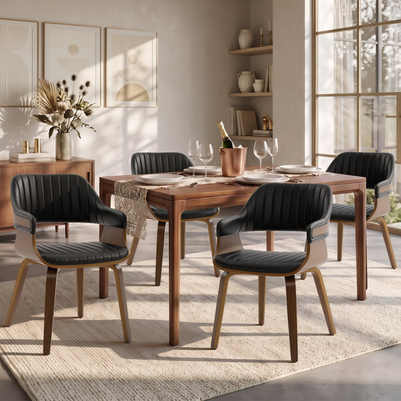 Chaise de salle à manger rembourrée en bois courbé de style moderne du milieu du siècle Dowden avec accoudoirs, 4, Brown