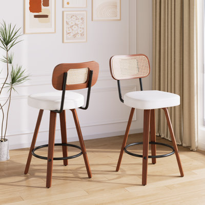 Erommy Set of 2 Swivel Counter & Bar Stools, Upholstered Seat with Rattan Back, Bar Chairs with Solid Wood Frame and Metal Footrest