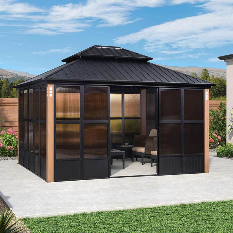 Pavillons de jardin d'extérieur en aluminium à grain de bois PURPLE LEAF, 12 pi x 14 pi, Véranda