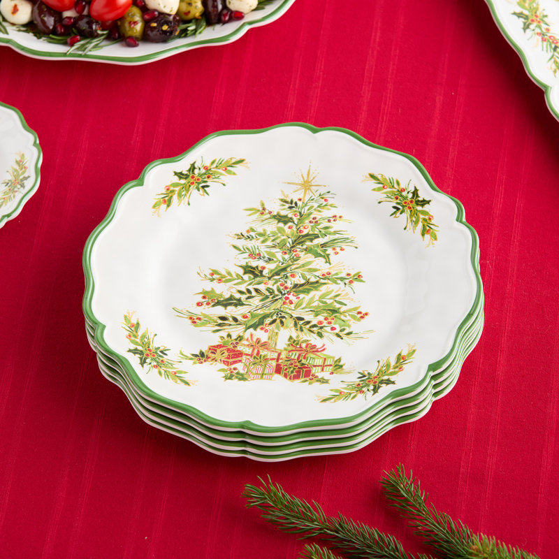Assiettes à dîner de Noël Holly Tree - Ensemble de 4 assiettes de Noël en mélamine avec motif d'arbre festif, rebords festonnés, résistants aux bris, lavables au lave-vaisselle, parfaits pour recevoir