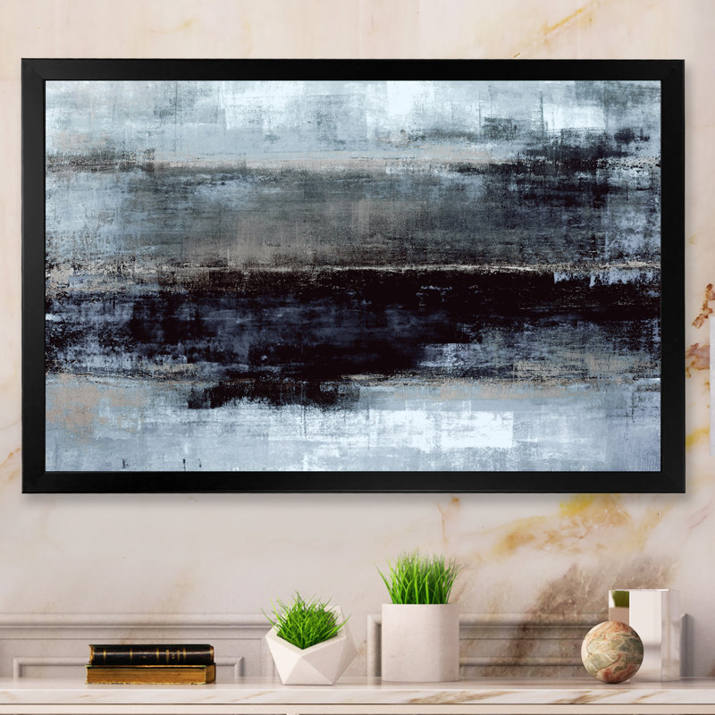 «Blue Meets Beige Abstract Art II», reproduction d'art sur toile, Toile avec cadre noir, H 12 po x l 20 po x P 1 po