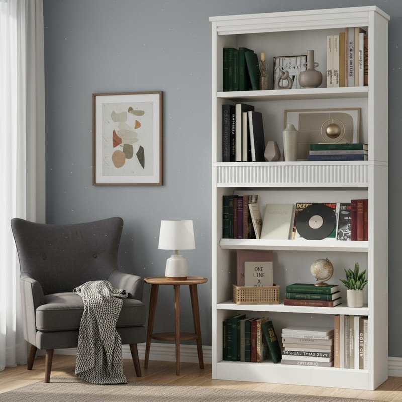 71 inch Tall Farmhouse Bookshelf with Fluted Design, 5-Tier Bookcase, Rustic Wood Shelves with Sturdy Base for Office, Library, Living Room Storage