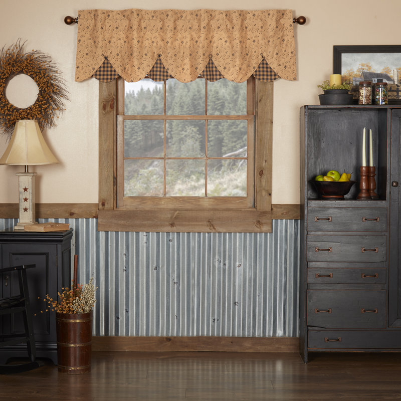 Caudell Floral Cotton Scalloped Window Valance in Tan, 18" L x 60" W