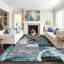 Tapis moderne performance gris, ivoire et bleu à motif abstrait Fanton-2139138930-2111089913