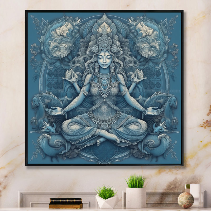 Divine déesse Yogini en bleu divin I - impressions d'art mural de yoga, H 24 po x l 24 po x P 1 po, Cadre flottant noir