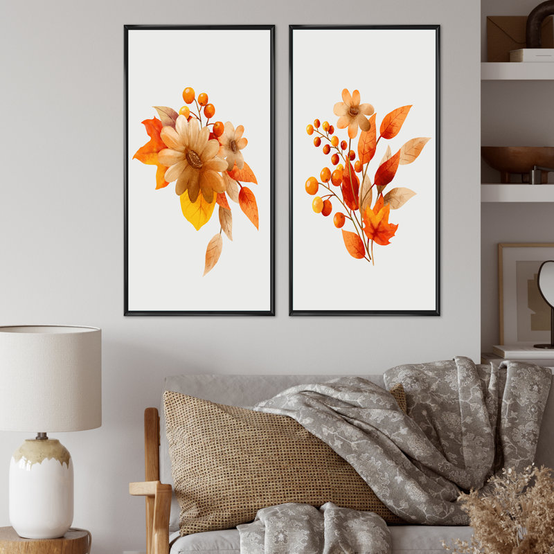 Ensemble de 2 impressions graphiques - Feuilles botaniques orange et fleur I, H 40 po x l 40 po x P 1,5 po