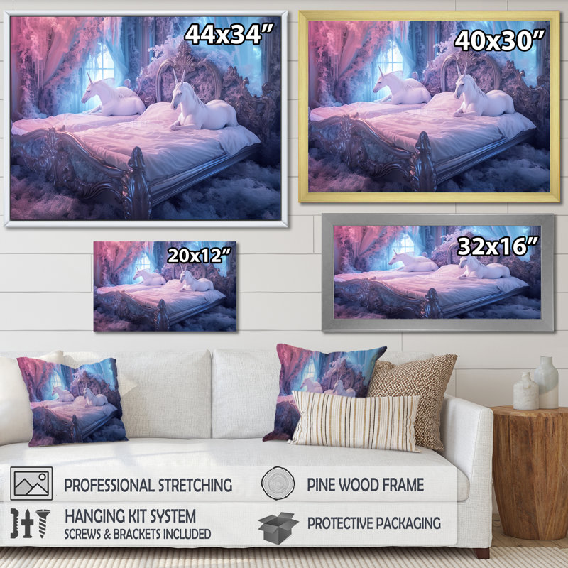 " Gracious Unicorn Bed I ", Gold Single Picture Framed, 34" H x 44" W x 1.5" D