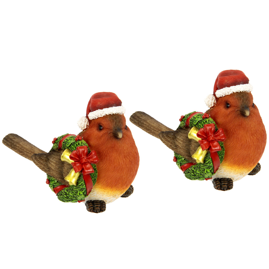 Vogel aus Polyresin mit Weihnachtskranz und Weihnachtsmütze Dekovogel Tierfigur Dekofigur