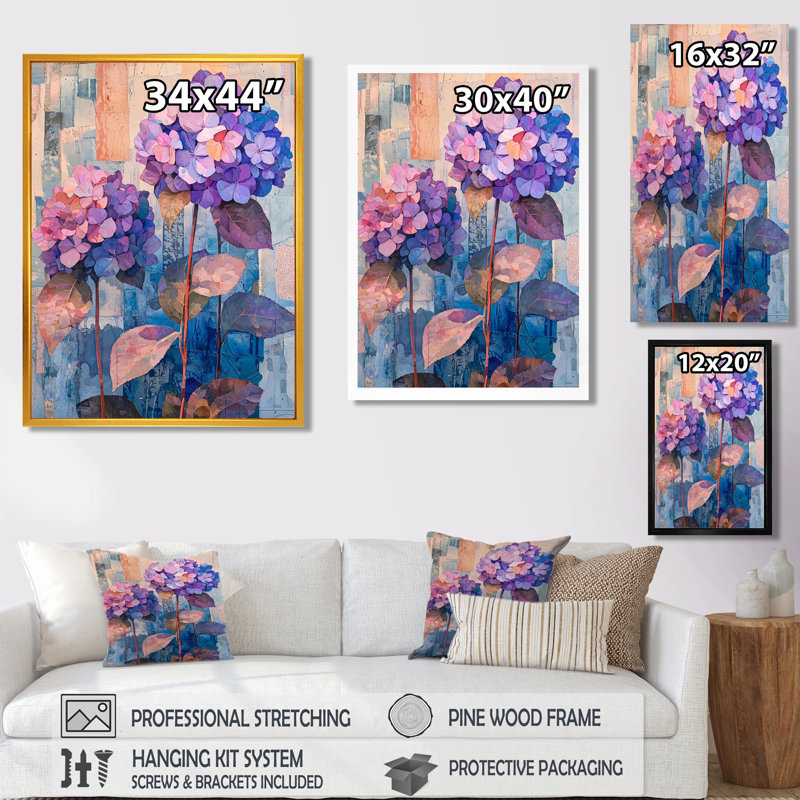 Collage abstrait floral d'hortensia I - art mural hortensia, Brun, Reproduction avec cadre flottant, H 20 po x l 12 po