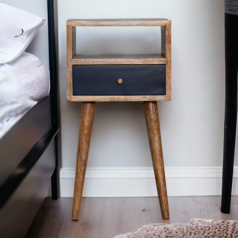 Fithian 30cm W Solid Wood Bedside Table, Oak-Ish/Navy Blue