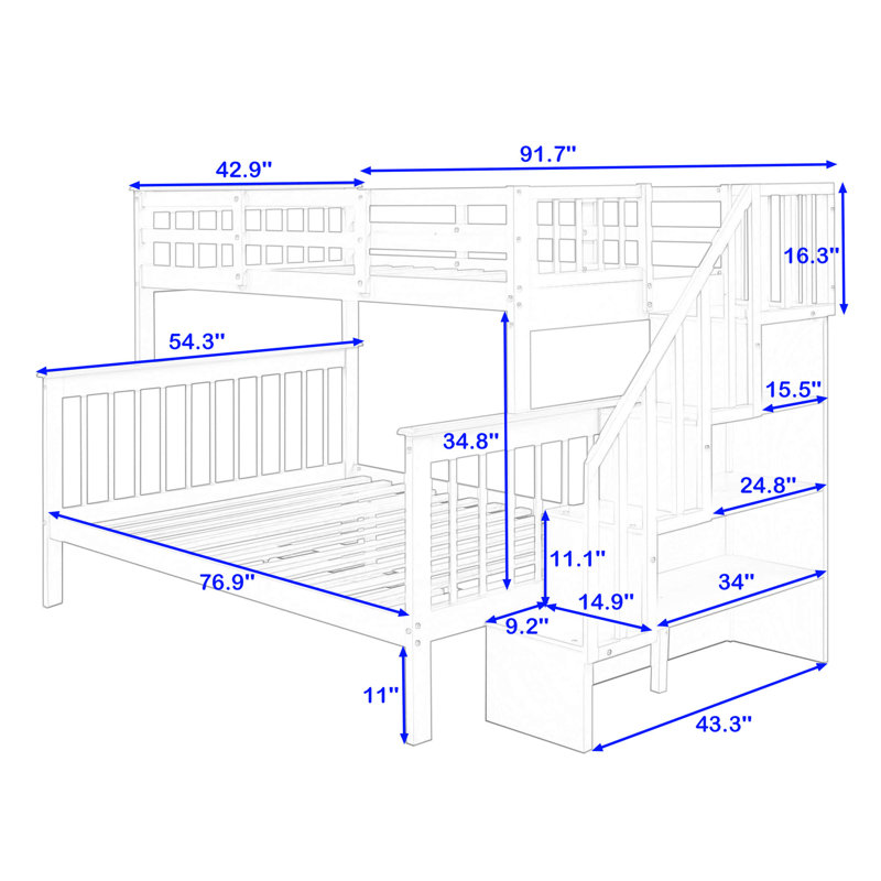 Lit superposé simple au-dessus d'un lit double en bois avec tablettes, gris
