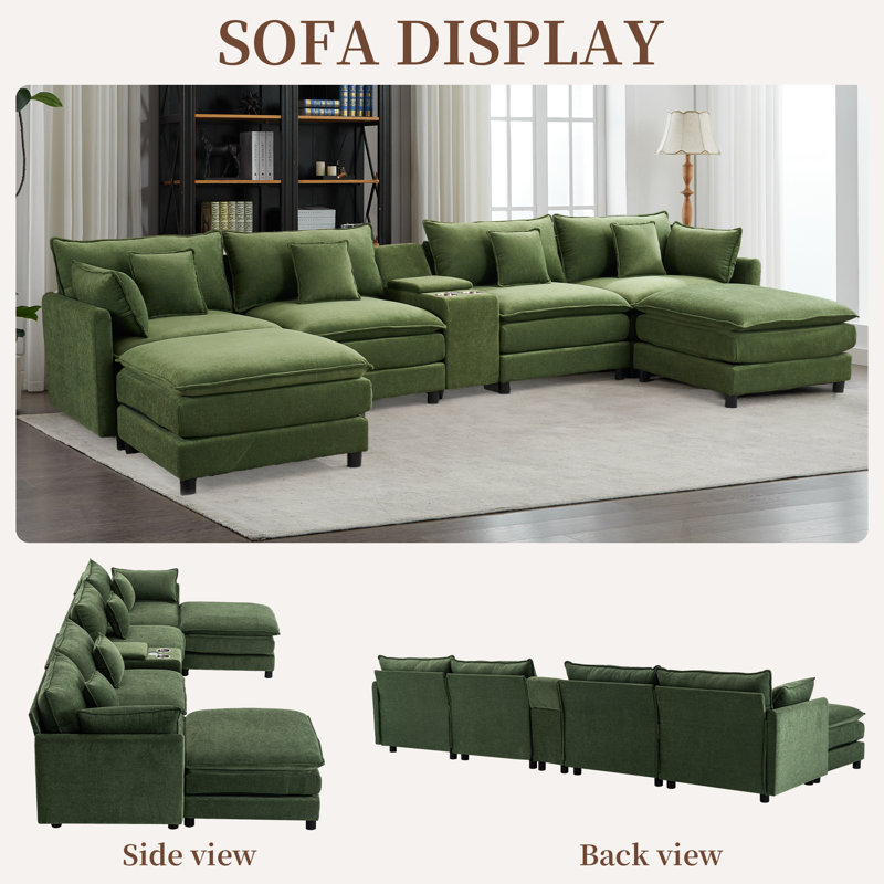Canapé modulaire en forme de U 144 po en chenille verte avec table basse et assise profonde 144 po, Chenille verte