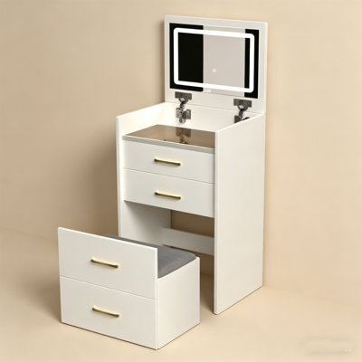 3 in 1 Vanity Desk with Open Top Mirror, Small Makeup Vanity Set with Visible Glass Desktop, Compact Dressing Table with 3 Drawers for Bedroom, Bathroom & Dressing Room