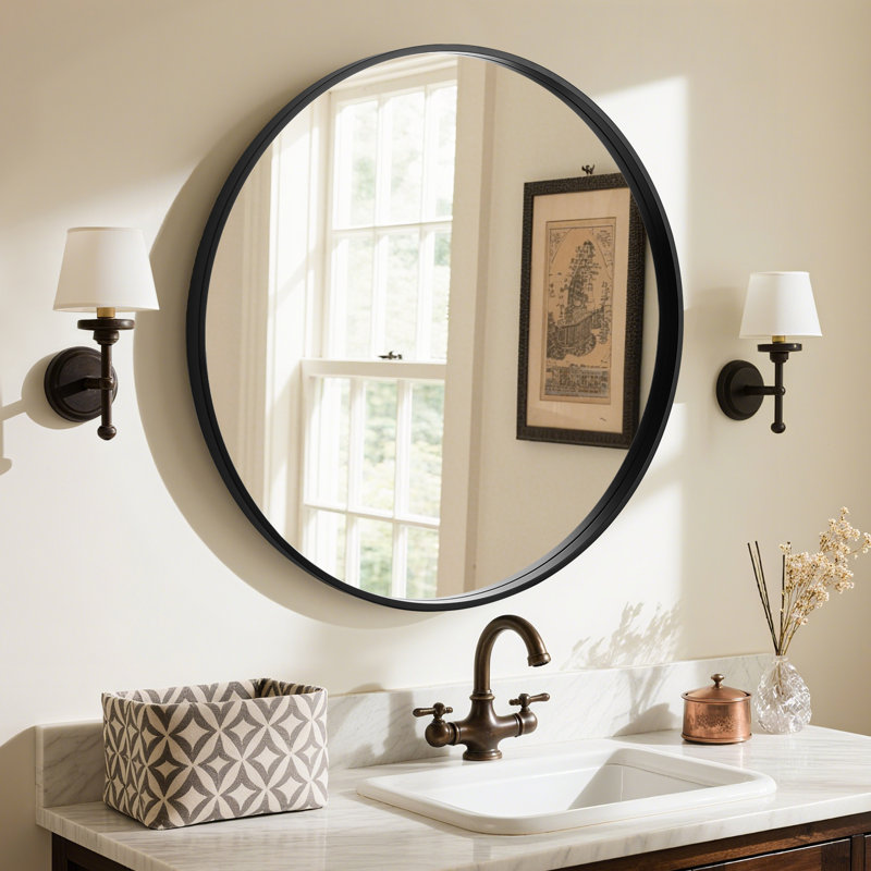 Karrina Accent Wood Round Mirror, 27.56" H x 27.56" W, Black