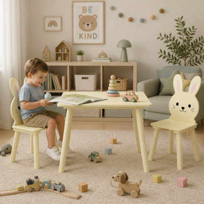 Ensemble de table d'activités en bois pour enfants avec 2 chaises lapin, mobilier de jeu et d'étude pour tout-petits au design animal mignon