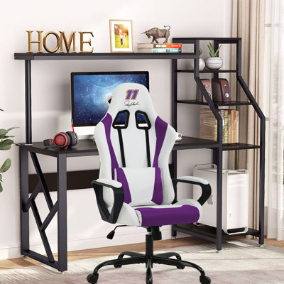 BestOffice Adjustable Ergonomic Faux Leather Swiveling PC & Racing Game Chair in White/Purple