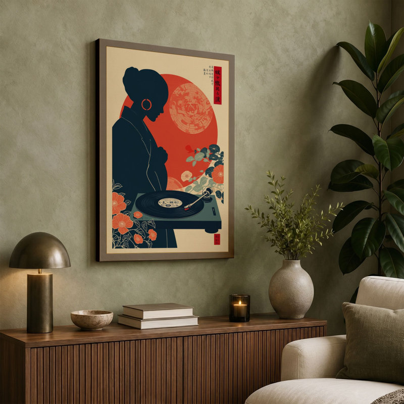 Preparing Under Red Moon Japandi 1 Piece Wrapped Canvas Wall Art, 36x24 - 91.4 x 61.0 cm, Sage Border