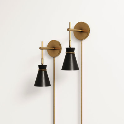 Modern Swing Arm Plug-In Wall Sconce, Black & Brass Wall Light with Cord Cover, Set of 2