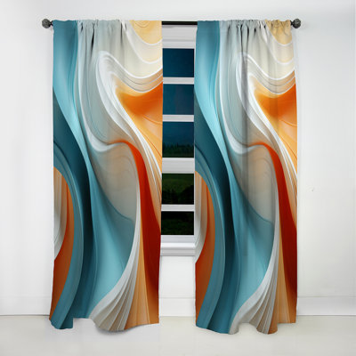 Blue And Orange Fractal Curves In Motion I - Fractal Abstract Room Darkening Curtain - 1 Panels