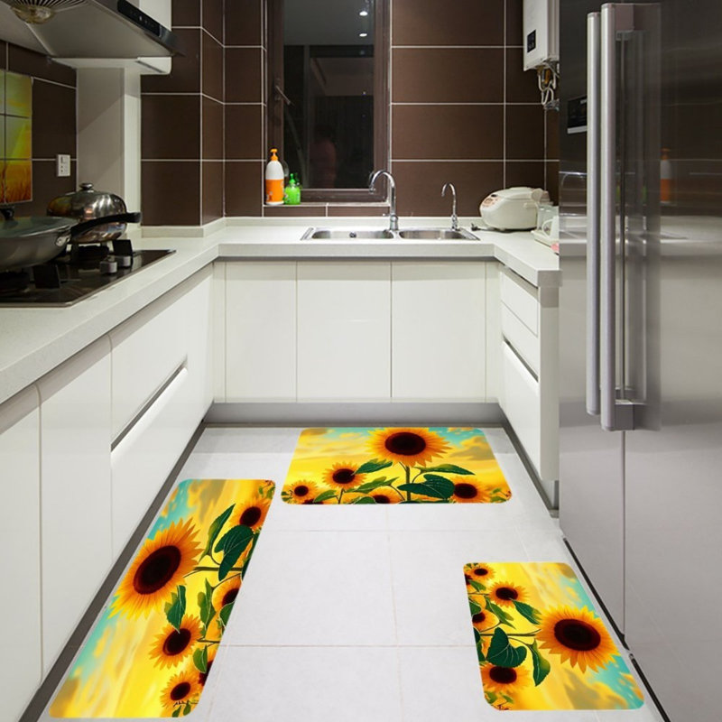 Hand Drawn Herb Leaf Kitchen Standing Mat for Floor, Olive Green 3 PC