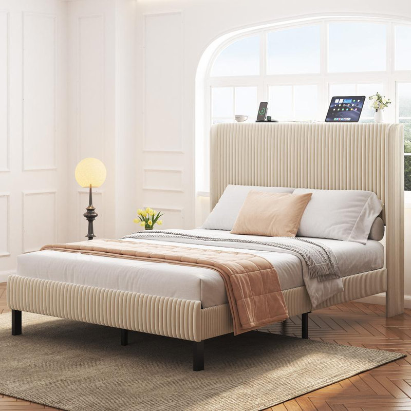 Full Size Platform Bed , Metal Bed Frame With Charging Station, No Box Spring Needed, (Beige), Noise Free,Easy Assemble.