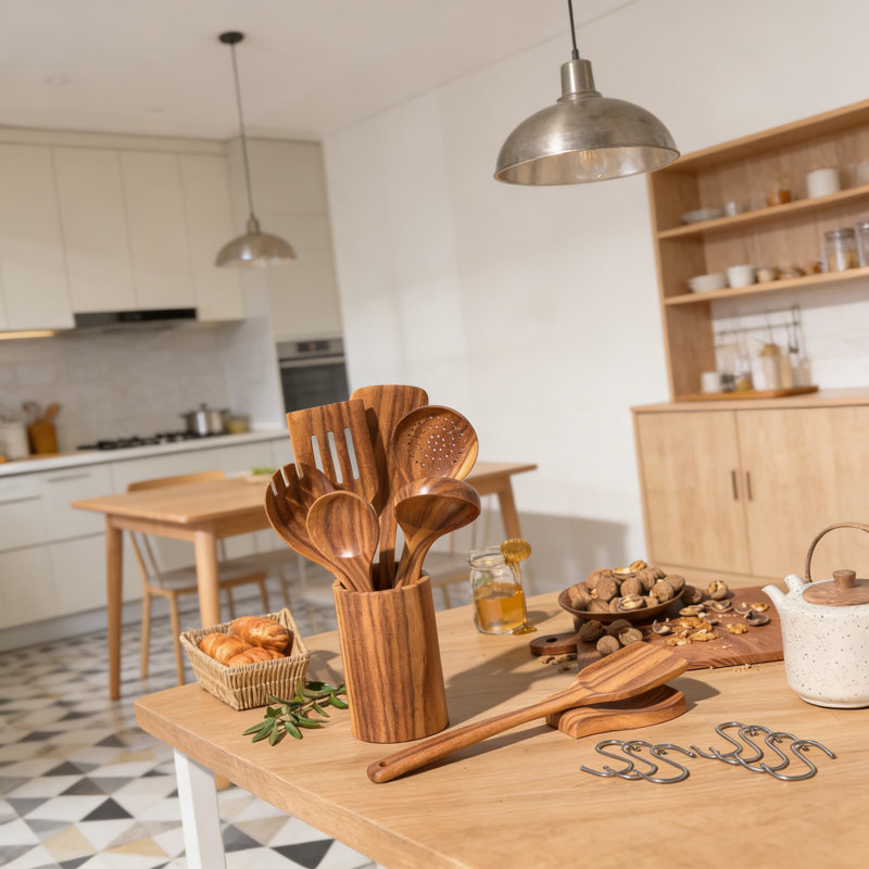 10-Piece Natural Teak Wooden Utensil Set With Holder For Cooking, Non-Scratch Spatulas Spoons For Nonstick Cookware, Heat-Resistant & Durable Kitchen Tools With Storage Caddy And Spoon Rest