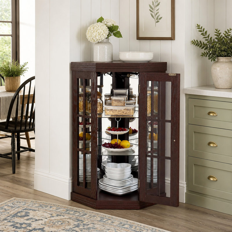 Armoire basse de coin lumineuse à cinq côtés avec cadre de porte et porte en verre quadrillé, 2 tablettes réglables, vitrine, vitrine, armoire de rangement, convient à tous les coins, chêne