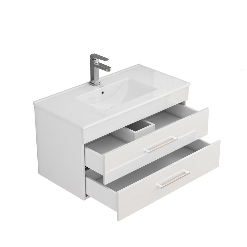 Meuble-lavabo mural blanc brillant de 36 pouces avec tiroirs doubles, système de fermeture en douceur, lavabo en céramique, poignée longue, installation facile,