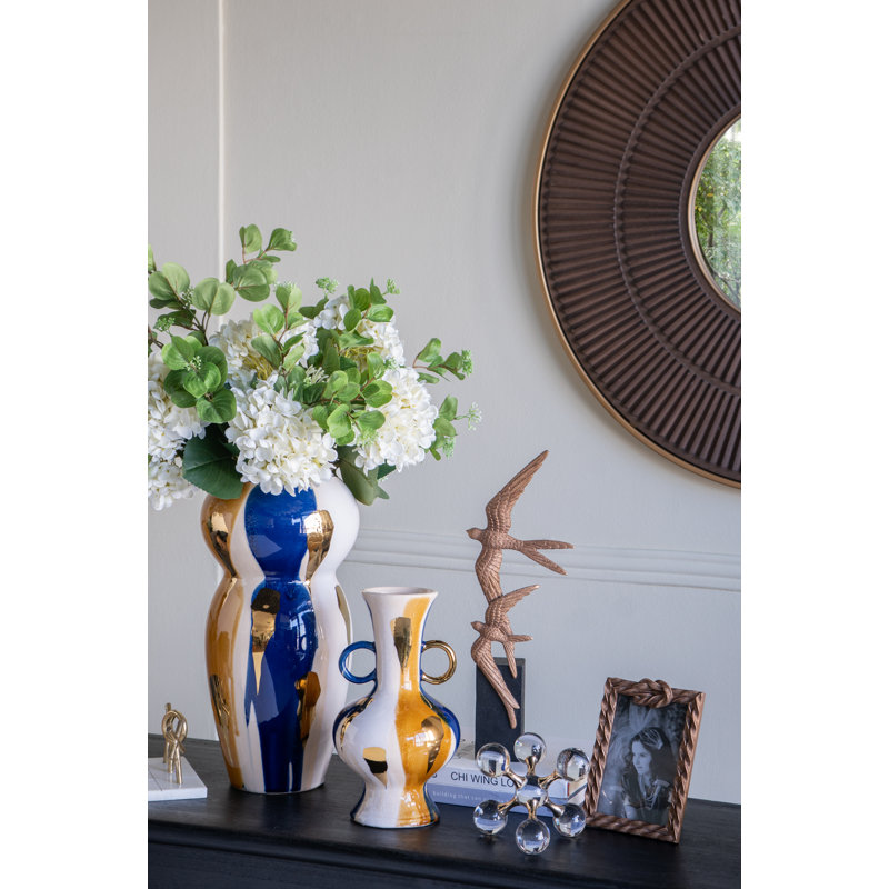 Round Ceramic Vase with Abstract Multicolored Finish and Small Handles, Yellow/White, 10.6" H X 5.9" W X 5.9" D