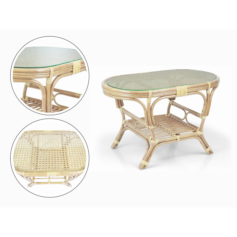 Natural Rattan Wicker Lounge Set with Red Cushions and Glass Coffee Table