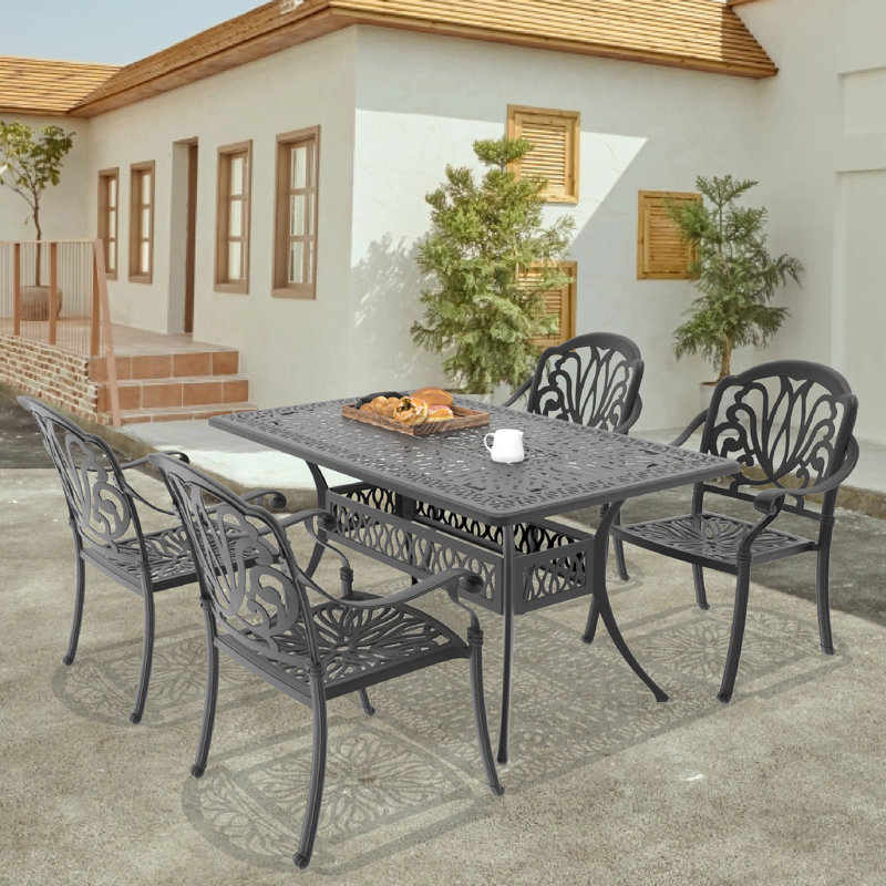 5-Piece 58.27"L 34.68"W Rectangular Table Cast Aluminum Outdoor Dining Set with Umbrella Hole and Brown Cushions